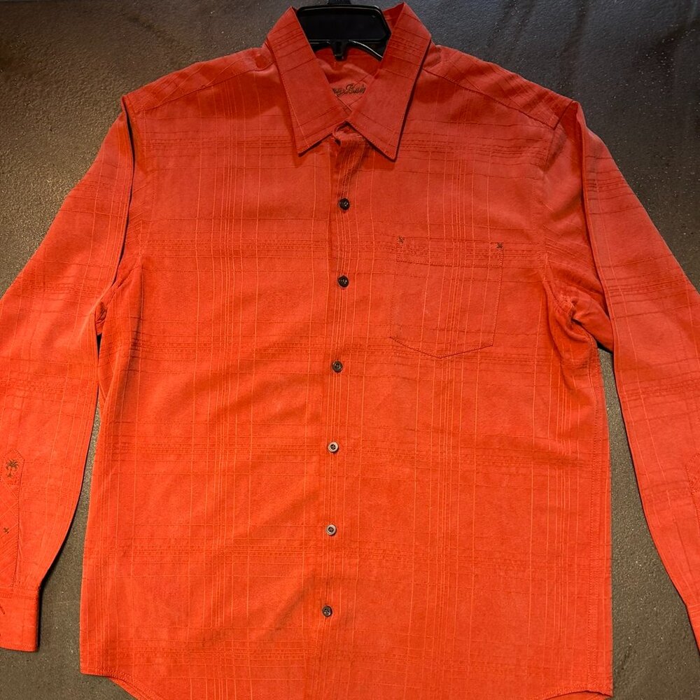 TOMMY BAHAMA Size Large 100% Silk Burnt Orange Long Sleeve Button Down Shirt